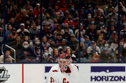 COLUMBUS, OH – OCTOBER 23: Frederik Andersen #31 of the Carolina Hurricanes follows the puck during the game against the Columbus Blue Jackets at Nationwide Arena on October 23, 2021, in Columbus, Ohio. (Photo by Kirk Irwin/Getty Images)