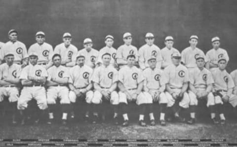 An early 1900s Cubs team. The stars of the team in the front row are Joe Tinker, third from left, Frank Chance, fifth from left, and Mordecai Three-Finger Brown, sixth from left. (Photo by Mark Rucker/Transcendental Graphics, Getty Images)