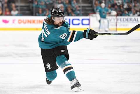 SAN JOSE, CA – MAY 08: Erik Karlsson #65 of the San Jose Sharks shoots on goal against the Colorado Avalanche during the second period in Game Seven of the Western Conference Second Round during the 2019 NHL Stanley Cup Playoffs at SAP Center on May 8, 2019 in San Jose, California. (Photo by Thearon W. Henderson/Getty Images)