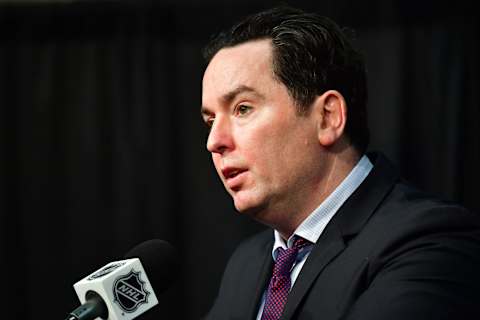 Apr 29, 2023; Los Angeles, California, USA; Edmonton Oilers head coach Jay Woodcroft speaks with media following game six of the first round of the 2023 Stanley Cup Playoffs at Crypto.com Arena. Mandatory Credit: Gary A. Vasquez-USA TODAY Sports