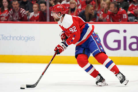 WASHINGTON, DC – DECEMBER 27: Evgeny Kuznetsov #92 of the Washington Capitals skates with the puck against the Columbus Blue Jackets in the second period at Capital One Arena on December 27, 2019 in Washington, DC. (Photo by Patrick McDermott/NHLI via Getty Images)