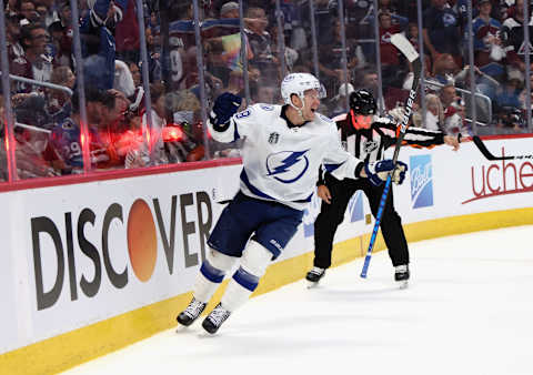 DENVER, COLORADO – JUNE 24: Ondrej Palat #18 of the Tampa Bay Lightning  (Photo by Bruce Bennett/Getty Images)