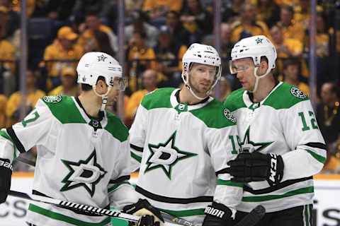 NASHVILLE, TN – APRIL 13: Dallas Stars left wing Andrew Cogliano (17), right wing Blake Comeau (15) and center Radek Faksa (12) talk during Game Two of Round One of the Stanley Cup Playoffs between the Nashville Predators and Dallas Stars, held on April 13, 2019, at Bridgestone Arena in Nashville, Tennessee. (Photo by Danny Murphy/Icon Sportswire via Getty Images)