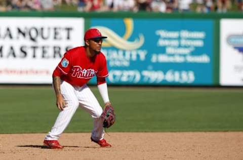 Mar 6, 2016; Clearwater, FL, USA; Philadelphia Phillies shortstop J.P. Crawford (77) during the seventh inning against the New York Yankees at Bright House Field. Mandatory Credit: Kim Klement-USA TODAY Sports