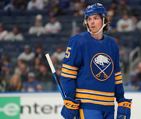 BUFFALO, NY – APRIL 14: Owen Power #25 of the Buffalo Sabres playing in his home debut NHL 1st overall pick against the St. Louis Blues at KeyBank Center on April 14, 2022 in Buffalo, New York. (Photo by Kevin Hoffman/Getty Images)