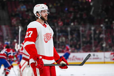 Dec 2, 2023; Montreal, Quebec, CAN; Detroit Red Wings center Michael Rasmussen (27) looks on during warm-up before the game against the Montreal Canadiens at Bell Centre. Mandatory Credit: David Kirouac-USA TODAY Sports