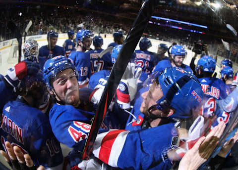 NEW YORK, NEW YORK – MARCH 05: Brendan Lemieux #48 and Tony DeAngelo #77 of the New York Rangers celebrate a 5-4 overtime victory over the Washington Capitals at Madison Square Garden on March 05, 2020 in New York City. (Photo by Bruce Bennett/Getty Images)