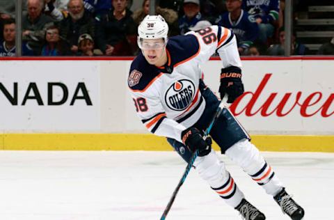 VANCOUVER, BC – JANUARY 16: Jesse Puljujarvi #98 of the Edmonton Oilers skates up ice with the puck during their NHL game against the Vancouver Canucks at Rogers Arena January 16, 2019 in Vancouver, British Columbia, Canada. (Photo by Jeff Vinnick/NHLI via Getty Images)