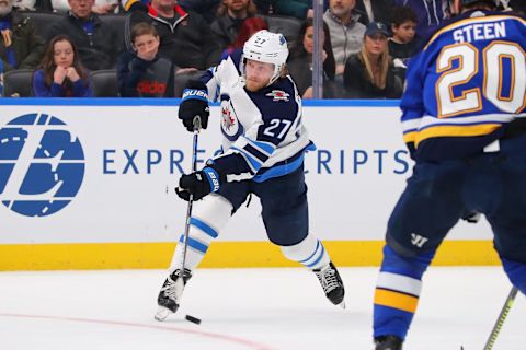 ST. LOUIS, MO – FEBRUARY 6: Nikolaj Ehlers #27 of the Winnipeg Jets shoots the puck against the St. Louis Blues at the Enterprise Center on February 6, 2020 in St. Louis, Missouri. (Photo by Dilip Vishwanat/Getty Images)