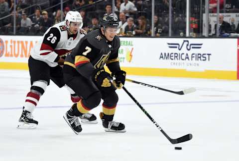 LAS VEGAS, NEVADA – SEPTEMBER 15: Valentin Zykov #7 of the Vegas Golden Knights skates during the third period against the Arizona Coyotes at T-Mobile Arena on September 15, 2019 in Las Vegas, Nevada. (Photo by David Becker/NHLI via Getty Images)