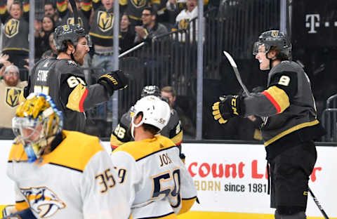 LAS VEGAS, NEVADA – OCTOBER 15: Mark Stone #61 of the Vegas Golden Knights celebrates after scoring a goal during the first period against the Nashville Predators at T-Mobile Arena on October 15, 2019 in Las Vegas, Nevada. (Photo by Jeff Bottari/NHLI via Getty Images)