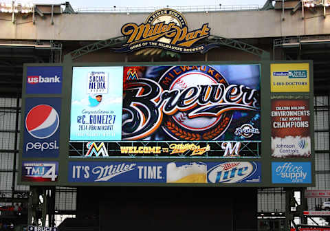 September 08, 2014: Prior to the start of the game the score board flashed Brewers logo. The Milwaukee Brewers take on the Miami Marlins at Miller Park in Milwaukee, WI. (Photo by Patrick Blood/Icon Sportswire/Corbis via Getty Images)