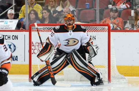 GLENDALE, AZ – APRIL 07: Ryan Miller #30 of the Anaheim Ducks gets ready to make a save against the Arizona Coyotes at Gila River Arena on April 7, 2018, in Glendale, Arizona. (Photo by Norm Hall/NHLI via Getty Images)