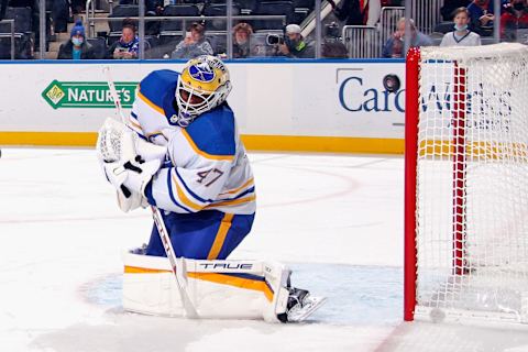 ELMONT, NEW YORK – DECEMBER 30: Malcolm Subban #47 of the Buffalo Sabres makes the second period save against the New York Islanders at the UBS Arena on December 30, 2021 in Elmont, New York. (Photo by Bruce Bennett/Getty Images)