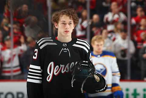 NEWARK, NEW JERSEY – APRIL 11: Luke Hughes #43 of the New Jersey Devils prepares to skate in his first NHL game against the Buffalo Sabres at the Prudential Center on April 11, 2023, in Newark, New Jersey. (Photo by Bruce Bennett/Getty Images)