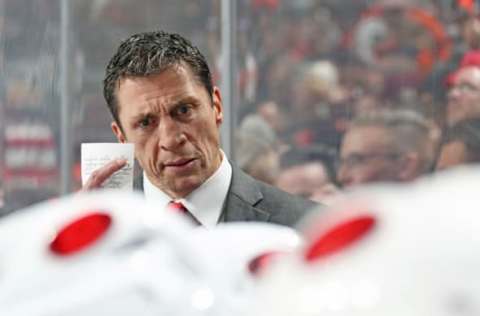 PHILADELPHIA, PA – NOVEMBER 05: Head Coach of the Carolina Hurricanes Rod Brind’Amour looks down the bench against the Philadelphia Flyers on November 5, 2019 at the Wells Fargo Center in Philadelphia, Pennsylvania. (Photo by Len Redkoles/NHLI via Getty Images)