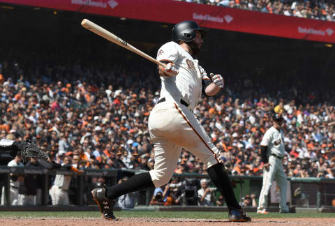 SAN FRANCISCO, CA – MAY 19: Brandon Belt #9 of the San Francisco Giants bats against the Colorado Rockies in the bottom of the fifth inning at AT&T Park on May 19, 2018, in San Francisco, California. (Photo by Thearon W. Henderson/Getty Images)