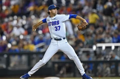 OMAHA, NE – JUNE 27: Pitcher Jackson Kowar #37 of the Florida Gators delivers a pitch against the LSU Tigers in the ninth inning during game two of the College World Series Championship Series on June 27, 2017 at TD Ameritrade Park in Omaha, Nebraska. (Photo by Peter Aiken/Getty Images)