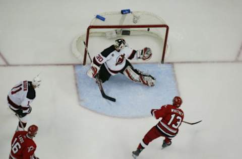 May 14, 2006; Raleigh, NC, USA; New Jersey Devils Martin Brodeur against the Carolina Hurricanes Ray Whitney May 14, 2006, at the RBC Center in Raleigh, NC. The Hurricanes won 4-1. (Photo by Bob Leverone/Sporting News via Getty Images via Getty Images)