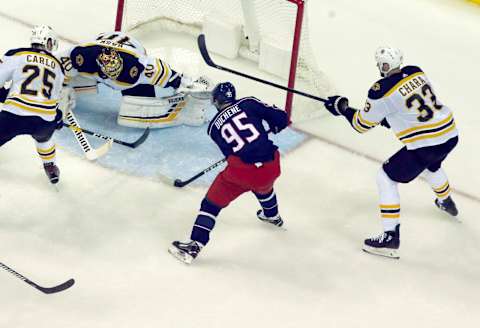 COLUMBUS, OH – APRIL 30: Columbus Blue Jackets center Matt Duchene (95) scores a goal during the second period. The Boston Bruins visit the Columbus Blue Jackets for Game 3 of the second round of the NHL Stanley Cup Playoffs at Nationwide Arena in Columbus, OH on April 30, 2019. (Photo by Matthew J. Lee/The Boston Globe via Getty Images)