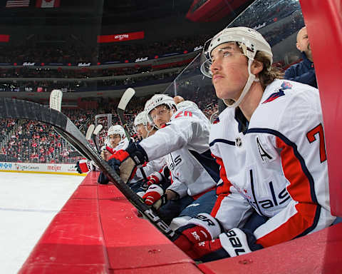 DETROIT, MI – NOVEMBER 30: T.J. Oshie #77 of the Washington Capitals looks up at the scoreboard from the bench during an NHL game against the Detroit Red Wings at Little Caesars Arena on November 30, 2019 in Detroit, Michigan. The Capitals defeated the Wings 5-2. (Photo by Dave Reginek/NHLI via Getty Images)