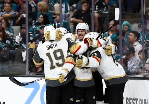 William Karlsson #71 of the Vegas Golden Knights is congratulated by teammates. (Photo by Ezra Shaw/Getty Images)