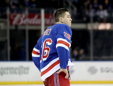 NEW YORK, NY – MARCH 30: Jimmy Vesey #26 of the New York Rangers reacts to the loss to the Tampa Bay Lightning on March 30, 2018 at Madison Square Garden in New York City. (Photo by Elsa/Getty Images)