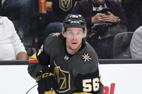 LAS VEGAS, NEVADA – OCTOBER 20: Erik Haula #56 of the Vegas Golden Knights skates with the puck against the Anaheim Ducks in the second period of their game at T-Mobile Arena on October 20, 2018 in Las Vegas, Nevada. The Golden Knights defeated the Ducks 3-1. (Photo by Ethan Miller/Getty Images)