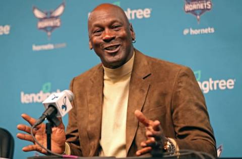 CHARLOTTE, NC- FEBRUARY 12: Owner of the Charlotte Hornets, Michael Jordan, hosts a press conference for media before NBA All-Star Weekend at the Spectrum Center in Charlotte, North Carolina on February 12, 2019. NOTE TO USER: User expressly acknowledges and agrees that, by downloading and or using this photograph, User is consenting to the terms and conditions of the Getty Images License Agreement. Mandatory Copyright Notice: Copyright 2019 NBAE (Photo by Kent Smith/NBAE via Getty Images)