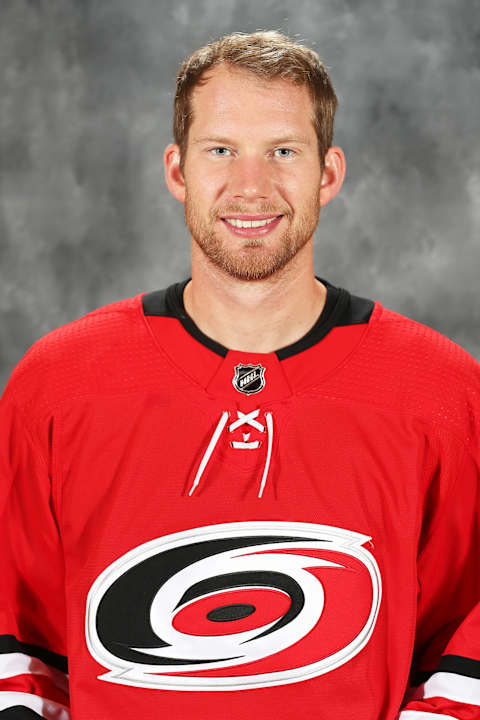 RALEIGH, NC – SEPTEMBER 12: James Reimer of the Carolina Hurricanes poses for his official head shot of the 2019-2020 season in Raleigh, North Carolina on September 12, 2019 at American Institute of Health Care and Fitness.”n(Photo by Gregg Forwerck/NHLI via Getty Images)