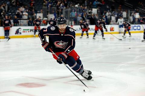 COLUMBUS, OH – MARCH 07: Sean Kuraly #7 of the Columbus Blue Jackets warms up prior to the start of the game against the Toronto Maple Leafs at Nationwide Arena on March 7, 2022 in Columbus, Ohio. (Photo by Kirk Irwin/Getty Images)