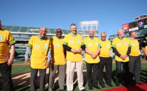 Members of the Oakland Athletics 1972 World Series team, Bert Campaneris, Vida Blue, Rollie Fingers, Joe Rudi, and Dick Green, and Dave Duncan, during a 2012 reunion  (Photo by Michael Zagaris/Oakland Athletics/Getty Images)