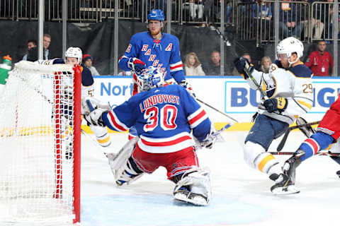 NEW YORK, NY – NOVEMBER 04: Henrik Lundqvist #30 of the New York Rangers makes a save against the Buffalo Sabres at Madison Square Garden on November 4, 2018 in New York City. (Photo by Jared Silber/NHLI via Getty Images)