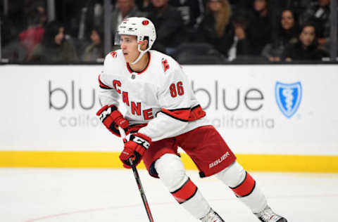 LOS ANGELES, CALIFORNIA – OCTOBER 15: Teuvo Teravainen #86 of the Carolina Hurricanes of the Carolina Hurricanes turns toward the play during a 2-0 Hurricanes win over the Los Angeles Kings at Staples Center on October 15, 2019 in Los Angeles, California. (Photo by Harry How/Getty Images)