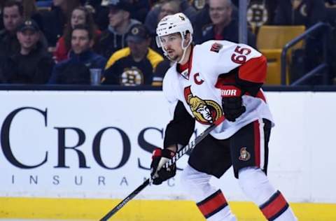 Apr 9, 2016; Boston, MA, USA; Ottawa Senators defenseman Erik Karlsson (65) waits for a pass during the first period against the Boston Bruins at TD Garden. Mandatory Credit: Bob DeChiara-USA TODAY Sports