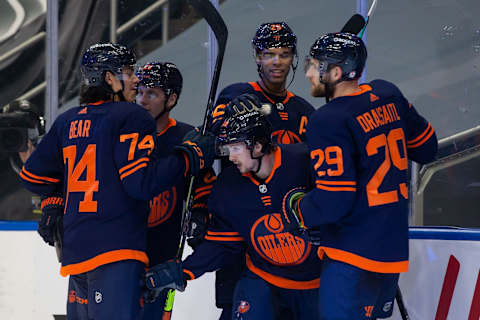 Ethan Bear #74 of the Edmonton Oilers. (Photo by Codie McLachlan/Getty Images)