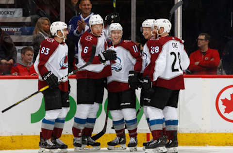 CALGARY, AB – JANUARY 9: The Colorado Avalanche celebrate after a goal against the Calgary Flames at Scotiabank Saddledome on January 9, 2019 in Calgary, Alberta, Canada. (Photo by Gerry Thomas/NHLI via Getty Images)