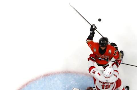 Dougie Hamilton #19 and Petr Mrazek #34 of the Carolina Hurricanes (Photo by Sean M. Haffey/Getty Images)