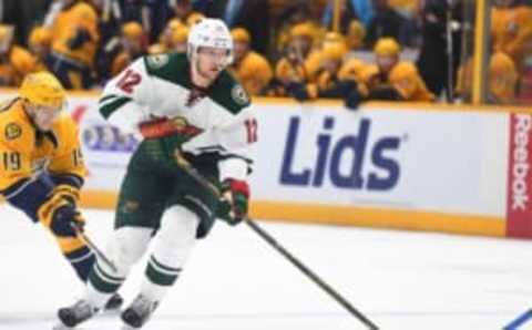 Dec 27, 2016; Nashville, TN, USA; Minnesota Wild center Eric Staal (12) skates with the puck in the overtime period against the Nashville Predators at Bridgestone Arena. Minnesota won 3-2 in overtime. Mandatory Credit: Christopher Hanewinckel-USA TODAY Sports