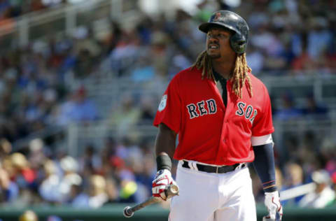 Feb 24, 2017; Fort Myers, FL, USA; Boston Red Sox first baseman Hanley Ramirez (13) looks on while at bat during the first inning against the New York Mets at JetBlue Park. Mandatory Credit: Kim Klement-USA TODAY Sports. MLB.