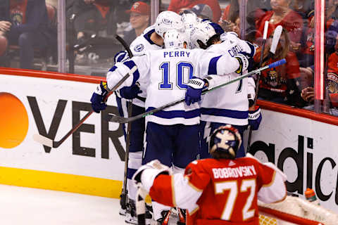 May 17, 2022; Sunrise, Florida, USA; Tampa Bay Lightning right wing Nikita Kucherov (86) celebrates with teammates after scoring during the third period against the Florida Panthers in game one of the second round of the 2022 Stanley Cup Playoffs at FLA Live Arena. Mandatory Credit: Sam Navarro-USA TODAY Sports