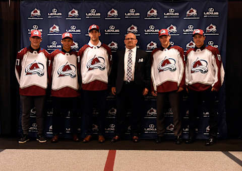 DENVER, CO – JUNE 26: Colorado Avalanche announce the 2017 NHL draft picks on June 26, 2017 in Denver, Colorado at Pepsi Center. Left to right are Nick Leivermann, Denis Smirnov, Conor Timmins, Alan Hepple, Colorado Avalanche Director of Scouting, first round pick Cale Makar and Nick Henry. (Photo by John Leyba/The Denver Post via Getty Images)