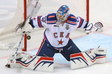 MOSCOW, RUSSIA APRIL 5, 2019: SKA St Petersburg goaltender Igor Shestyorkin concedes a goal in Leg 5 of their 2018/19 KHL Western Conference final playoff tie against CSKA Moscow at CSKA Arena; CSKA Moscow won 3-0. Sergei Savostyanov/TASS (Photo by Sergei SavostyanovTASS via Getty Images)