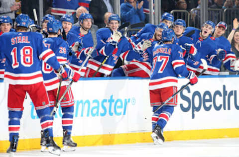 NEW YORK, NY – JANUARY 15: Tony DeAngelo #77 of the New York Rangers celebrates after scoring a goal in the first period against the Carolina Hurricanes at Madison Square Garden on January 15, 2019 in New York City. (Photo by Jared Silber/NHLI via Getty Images)