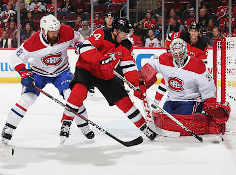 NEWARK, NJ – NOVEMBER 21: David Schlemko Karl Alzner Jordie Benn Montreal Canadiens (Photo by Andy Marlin/NHLI via Getty Images)