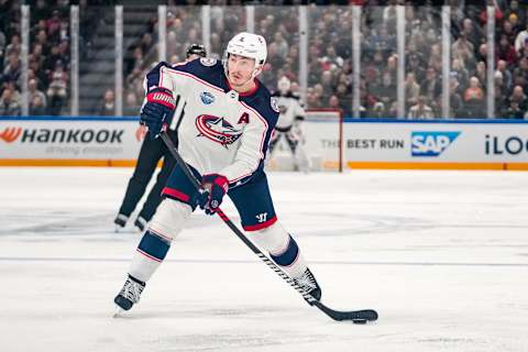 TAMPERE, FINLAND – NOVEMBER 04: Zach Werenski of Columbus in action during the 2022 NHL Global Series – Finland match between Columbus Blue Jackets and Colorado Avalanche at Nokia Arena on November 4, 2022 in Tampere, Finland. (Photo by Jari Pestelacci/Eurasia Sport Images/Getty Images)