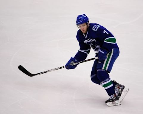 Apr 6, 2015; Vancouver, British Columbia, CAN; Vancouver Canucks forward Linden Vey (7) skates against the Los Angeles Kings during the third period at Rogers Arena. The Vancouver Canucks won 2-1 in a shoot out. Mandatory Credit: Anne-Marie Sorvin-USA TODAY Sports