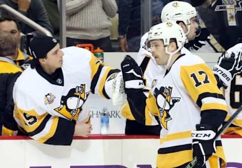 Nov 12, 2016; Pittsburgh, PA, USA; Pittsburgh Penguins goalie Marc-Andre Fleury (29) congratulates Pens right wing Bryan Rust (17) on his gaol against the Toronto Maple Leafs during the third period at the PPG Paints Arena. Pittsburgh won 4-1. Mandatory Credit: Charles LeClaire-USA TODAY Sports