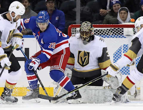 NEW YORK, NEW YORK – DECEMBER 02: Malcolm Subban #30 of the Vegas Golden Knights defends the net against Chris Kreider #20 of the New York Rangers during the third period at Madison Square Garden on December 02, 2019 in New York City. The Golden Knights defeated the Rangers 4-1. (Photo by Bruce Bennett/Getty Images)