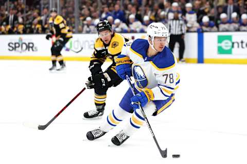 BOSTON, MASSACHUSETTS – APRIL 28: Jacob Bryson #78 of the Buffalo Sabres skates against the Boston Bruins during the first period at TD Garden on April 28, 2022 in Boston, Massachusetts. (Photo by Maddie Meyer/Getty Images)